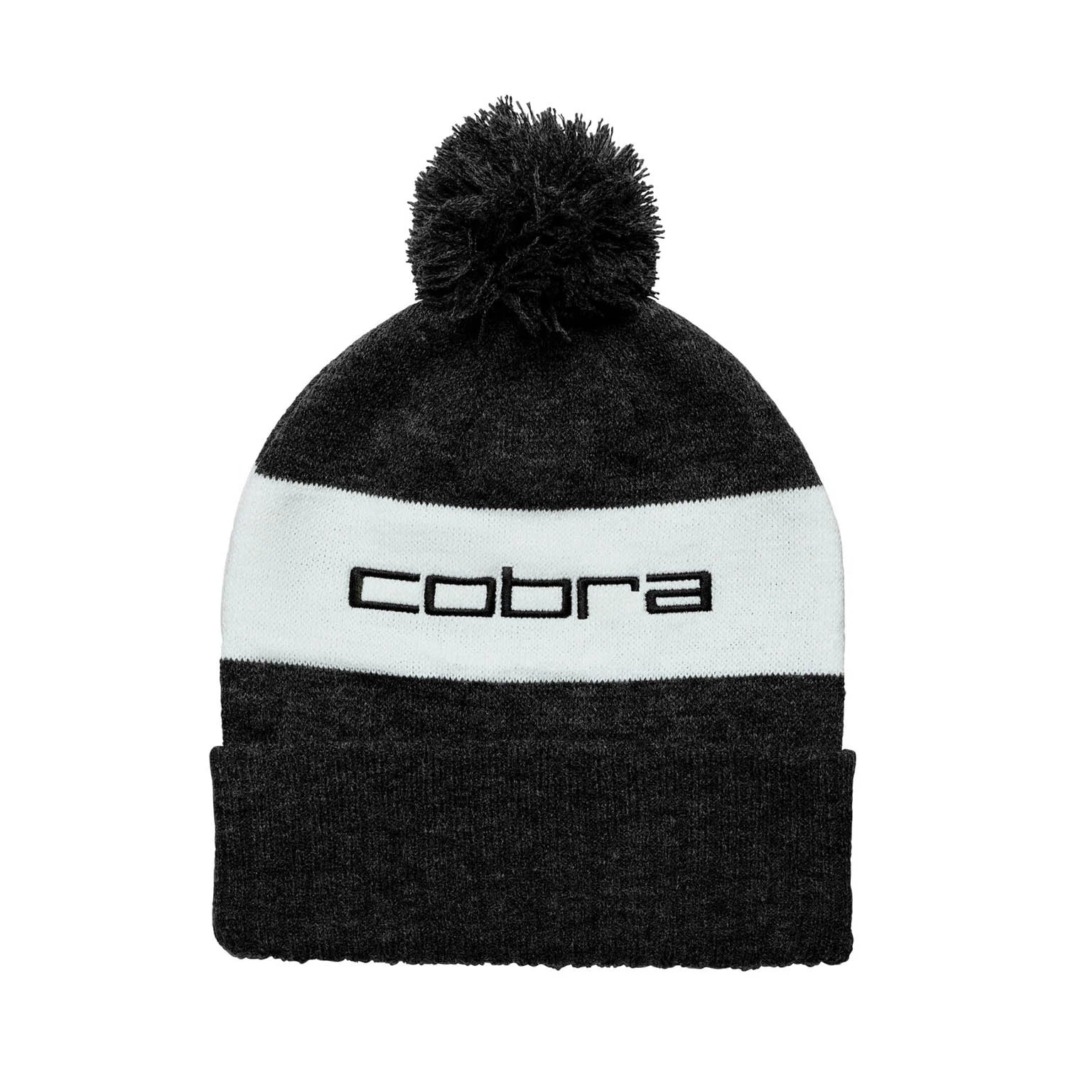 Cobra Pom Beanie in black and white with pom pom design, perfect for winter sports and casual wear.