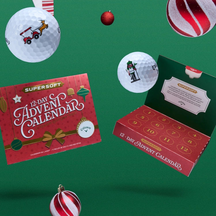 Callaway Supersoft Adventskalender with festive golf balls and decorations against a green background.