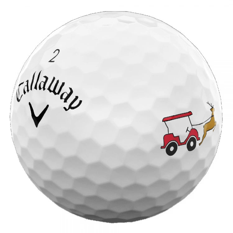 Callaway Supersoft Adventskalender unique golf ball with festive design featuring a golf cart and reindeer