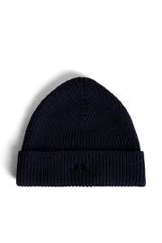 J. Lindeberg Joan Merino Mössa in navy, elegant ribbed design, made from sustainable mulesing-free merino wool.